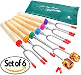 Set of 6 Marshmallow & Hot Dog Roasting Sticks 34 Inch Extra Long Stainless Steel Telescoping & Rotating Forks - Perfect Smore Skewers for Camping Campfire Cooking & Fire Pit Cookware Kids Accessories